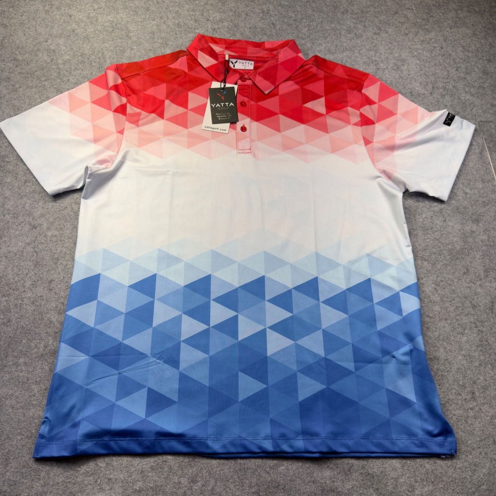 Yatta Golf Polo Shirt Men L Red White Blue New Geometric Ombre Performance